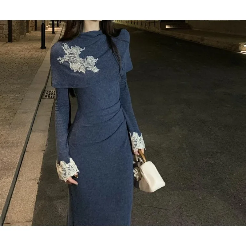 

French-style Temperament Niche Design Spliced Lace Long-sleeved Dress for Women 2025 Autumn New Slim Fit Skirt