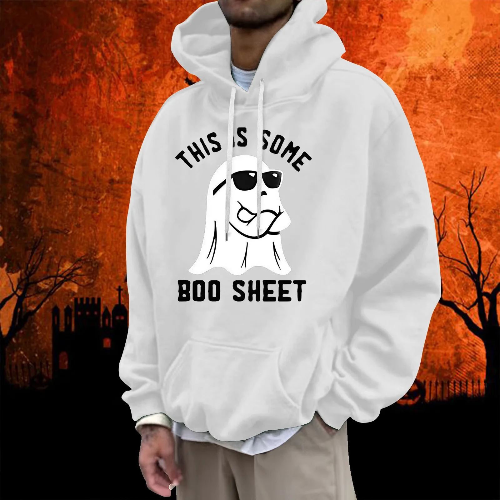 

Mens Fashion Halloween Casual Ghost This Is Some Boo Sneet Letter Print Hooded Pullover Long Sleeve Hooded Oversize Sweater Tops