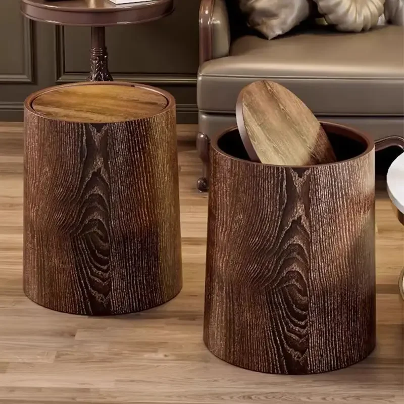 Wood grain trash bin storage bucket Household double living room kitchen office toilet Chinese paper basket storage bucket