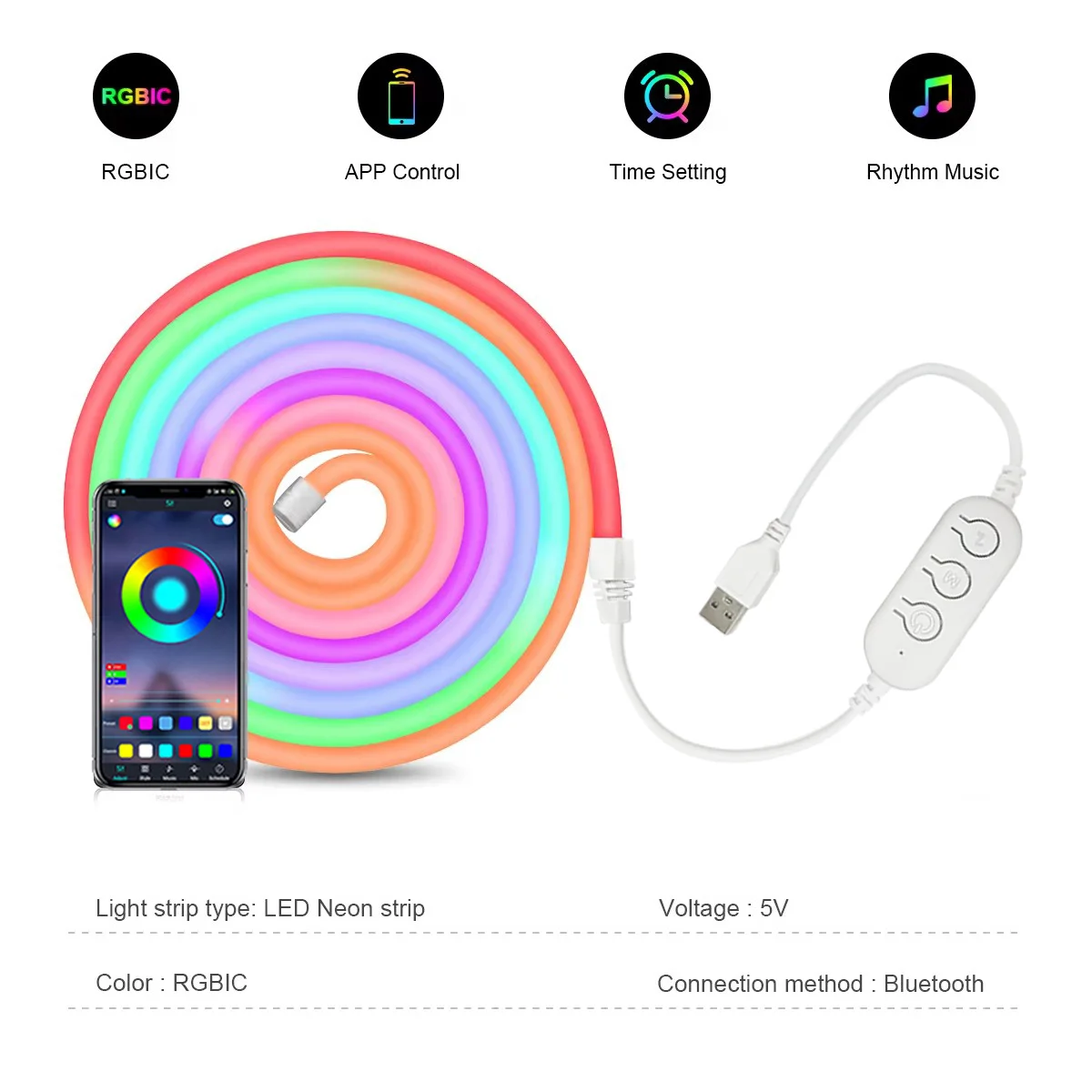 RGBIC النيون LED قطاع أضواء 1 متر-5 متر مرنة النيون حبل ضوء بلوتوث App التحكم DIY النيون قطاع ضوء للمنزل إضاءة ديكوريّة