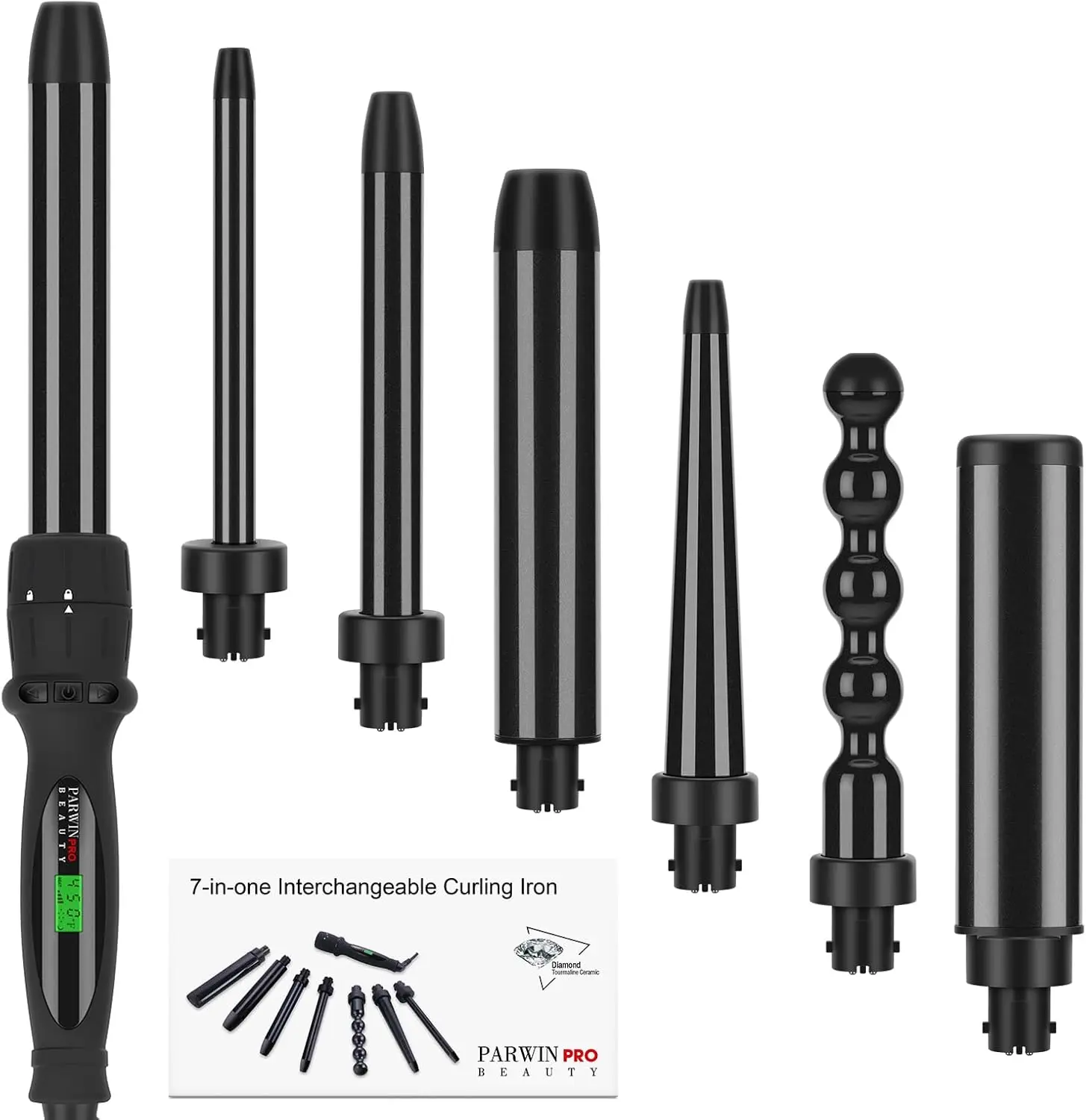 

7-in-1 Curling Iron Wand Set, Dual Voltage, LCD Temp Control, Auto Shut Off, Black