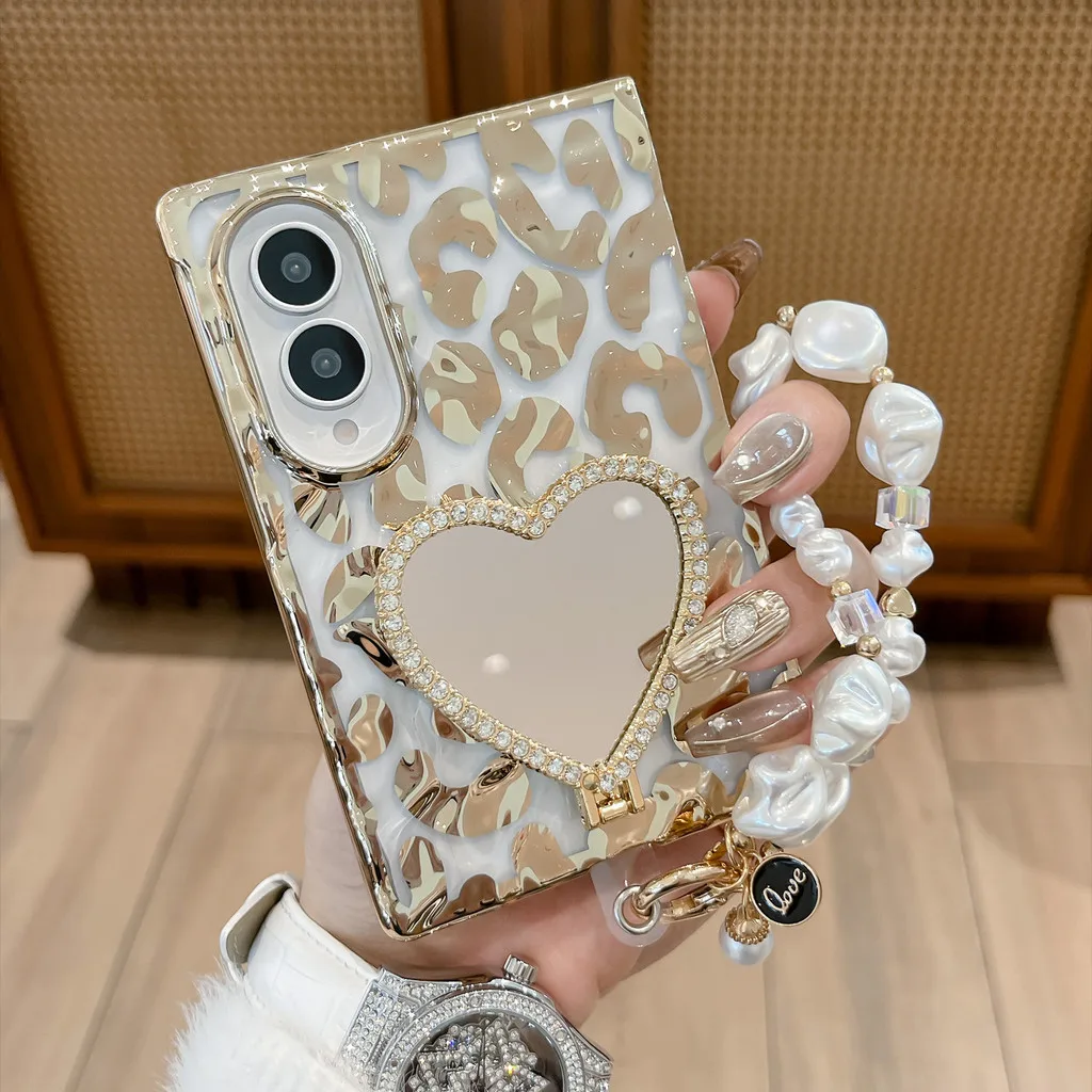 Leopard Plated Waves Case For Samsung Galaxy Z Fold 8 Wide Fold8 Wide Fold 8 Ultra Fold8 Ultra Fold 7 6Heart Mirror Holder Cover