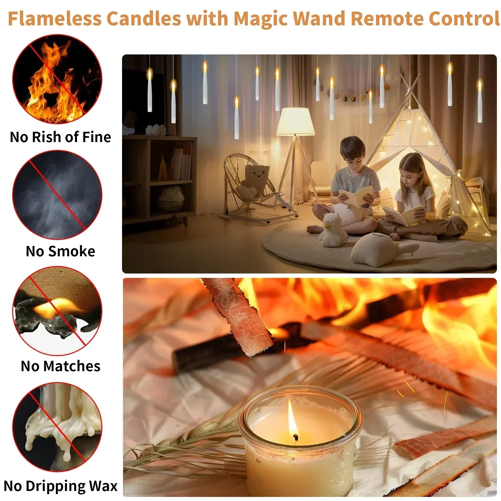 12/48Pc Floating LED Candles with Wand Timer Remote Flickering Electronic Hanging Candle with DIY Line&Clips for Halloween Decor