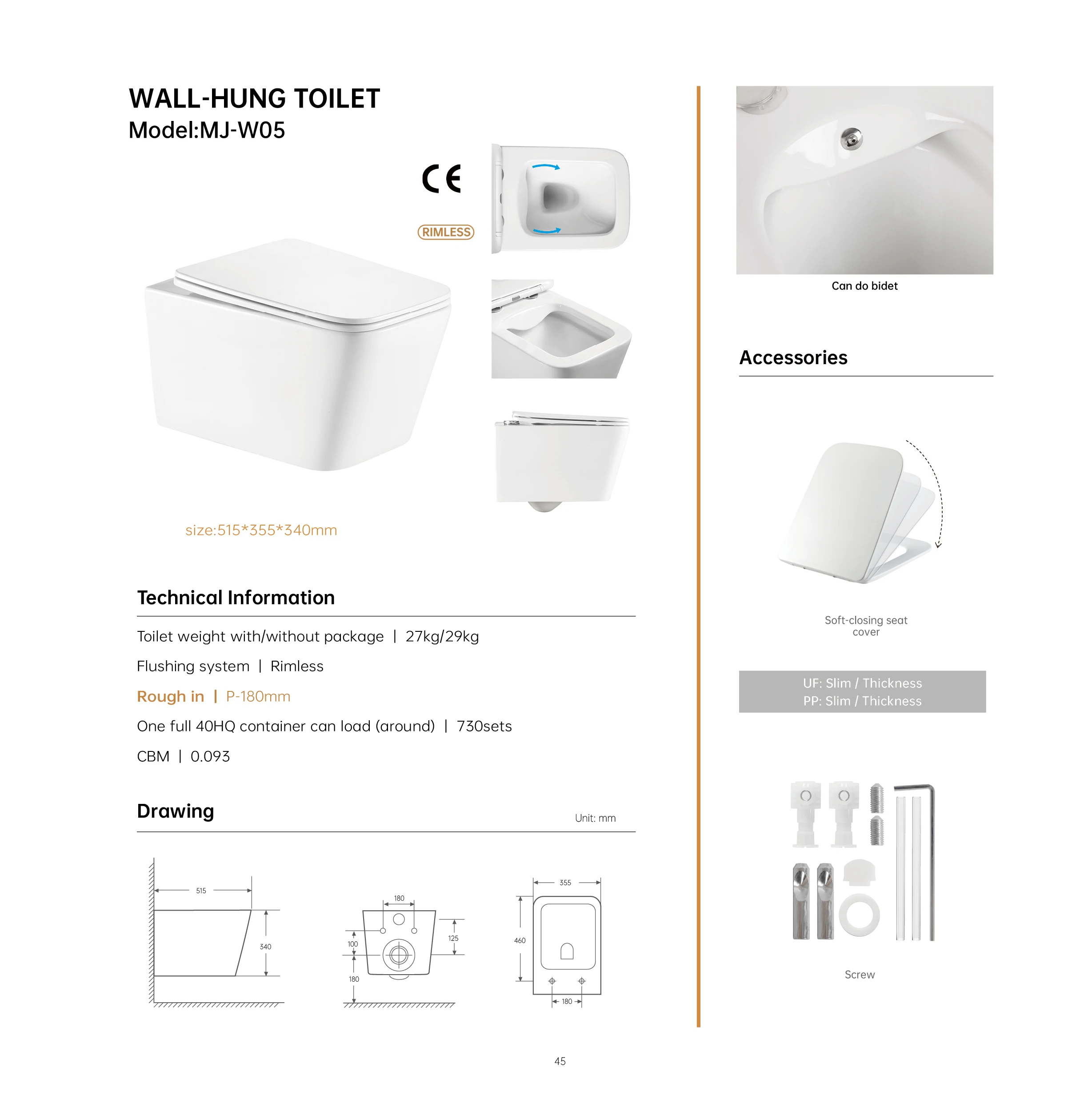 Bathroom W05 Eco-Friendly Gold Ceramic P-Trap Water Closet Concealed Tank Wall-mounted Dual Flush Wall Hung Toilet