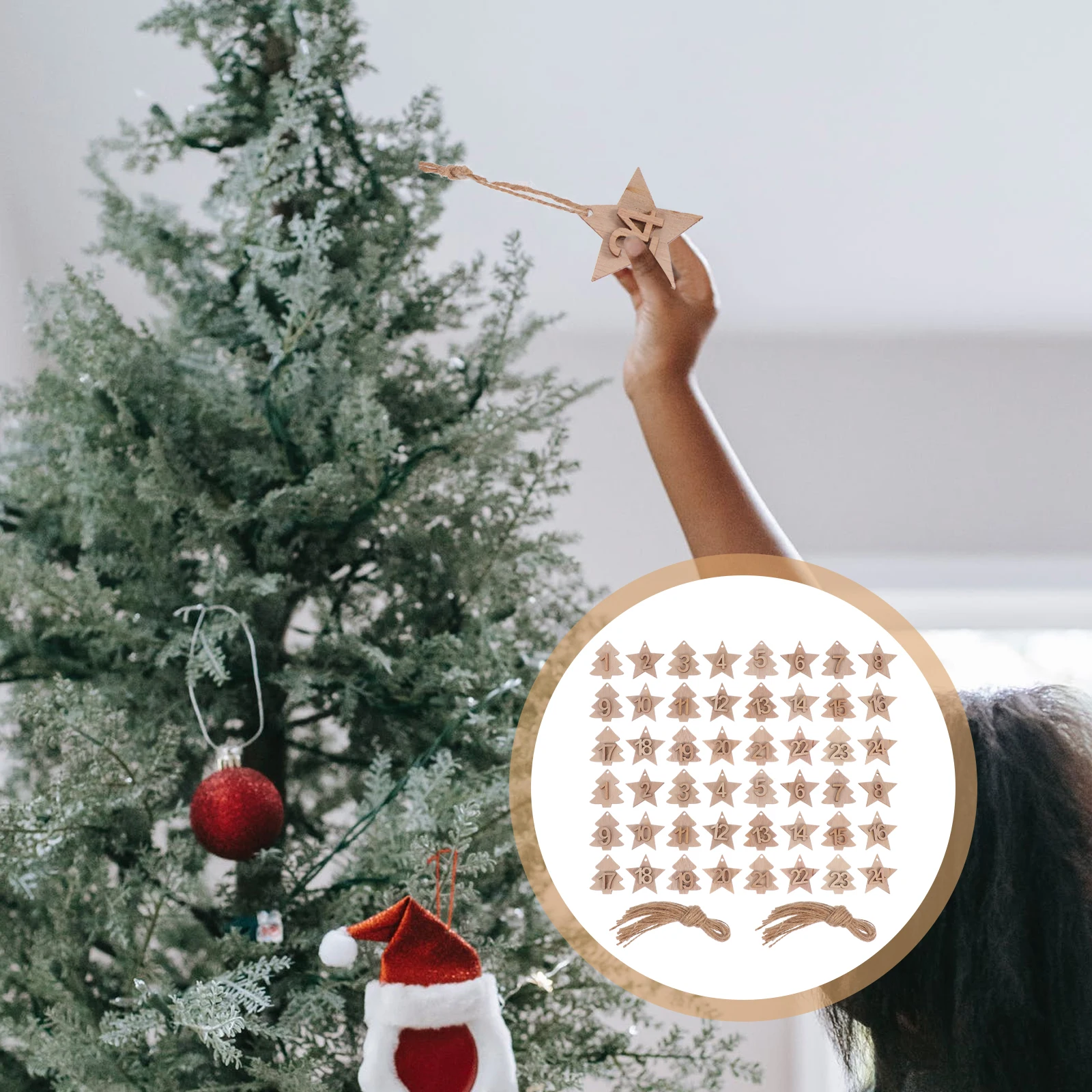 

2Sets DIY Wooden Number Pendants Calendar Tags Xmas Tree Hanging Decoration Christmas Star Ornaments Holiday Gift Crafts