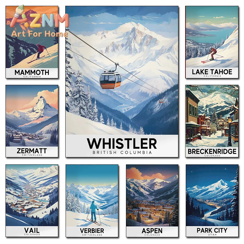 1pc frameless Canvas Painting Lake Tahoe Zermatt Vail Mammoth Mountain Ski Resort Travel Posters and Prints Canvas Printing Wall