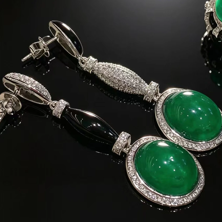 KQDANCE Luxury Solid 925 Sterling Silver Created Green Pearl Gemstones Black Enamel Drop Earrings with Big Stone Fine Jewelry
