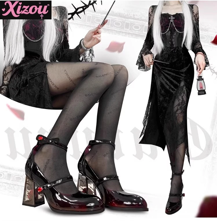 اليابانية الظلام القوطية لوليتا عالية الكعب المرأة كعب سميك ماري جين أحذية شفافة روز حذا فردي للسيدات حذاء من الجلد البريطاني