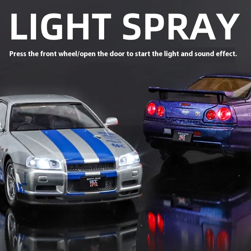 1:24 Scale GTR-R34 Alloy Car Model with Authentic Sound Effects, Premium Collectible Toy for Kids & Adults image 3