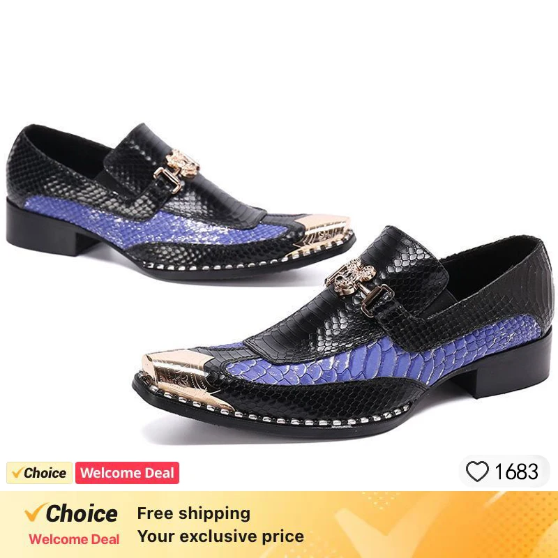 Snake pattern Square Toe Men's Shoes Slip on Genuine Leather Dress Men Party Business  Wedding Shoes men