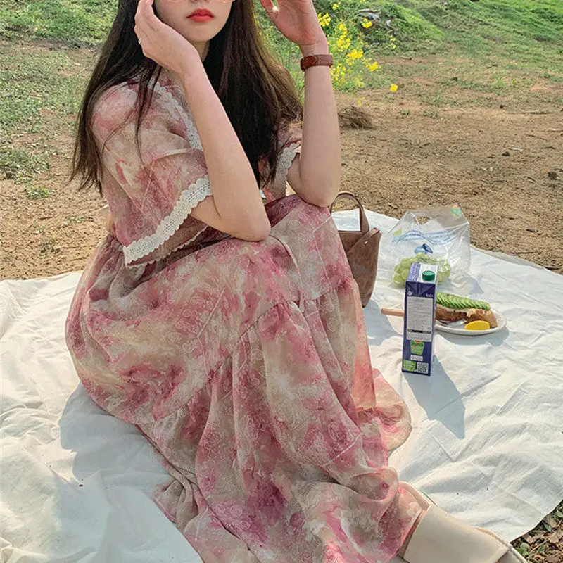 

Dongdaemun Women's Straight V-neck Ruffle Patchwork Drawstring Dress Korean Style Long Skirt Breathable Summer Short Sleeve