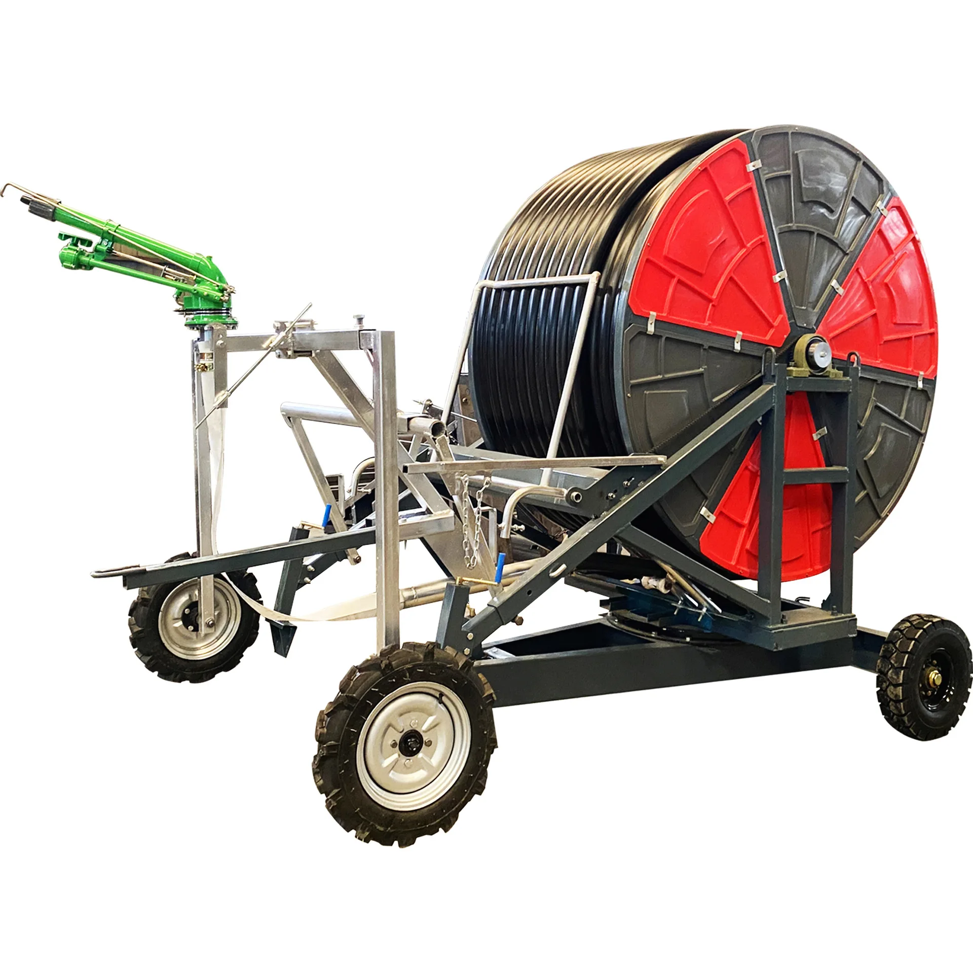 Automatic telescopic hose reel irrigation kit mobile design for agriculture and landscaping, made of durable metal