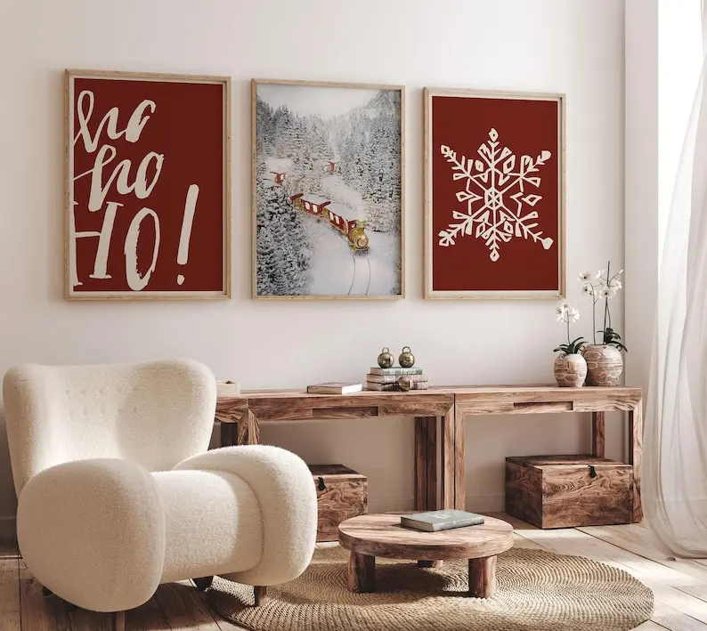 3pcs/set Red Background Christmas Train Canvas Print Ho Ho Ho Quote Snowflake Winter Wall Art Poster for Living Room Home Decor