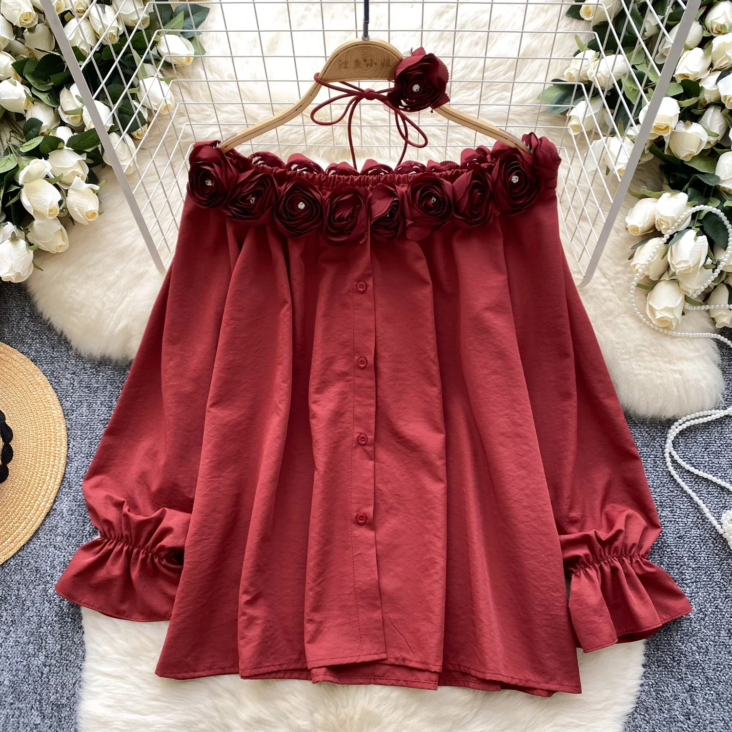 Women Three-dimensional Flower Loose Tank Top Slim Basic Sexy Fashion Slash Neck Puff Long Sleeve Crop Top Autumn Women Blouse