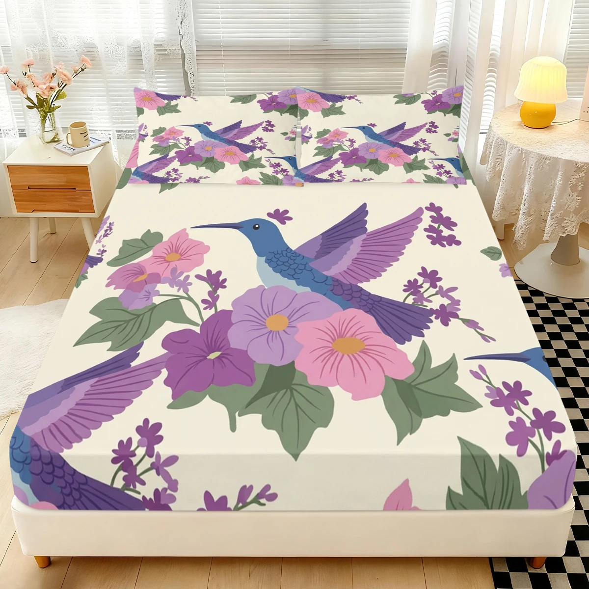 3PCS Cream Base Hummingbird Floral Fitted Sheet Set, Elastic Mattress Cover with Pillowcases,Botanical Bedding for Bedroom Decor