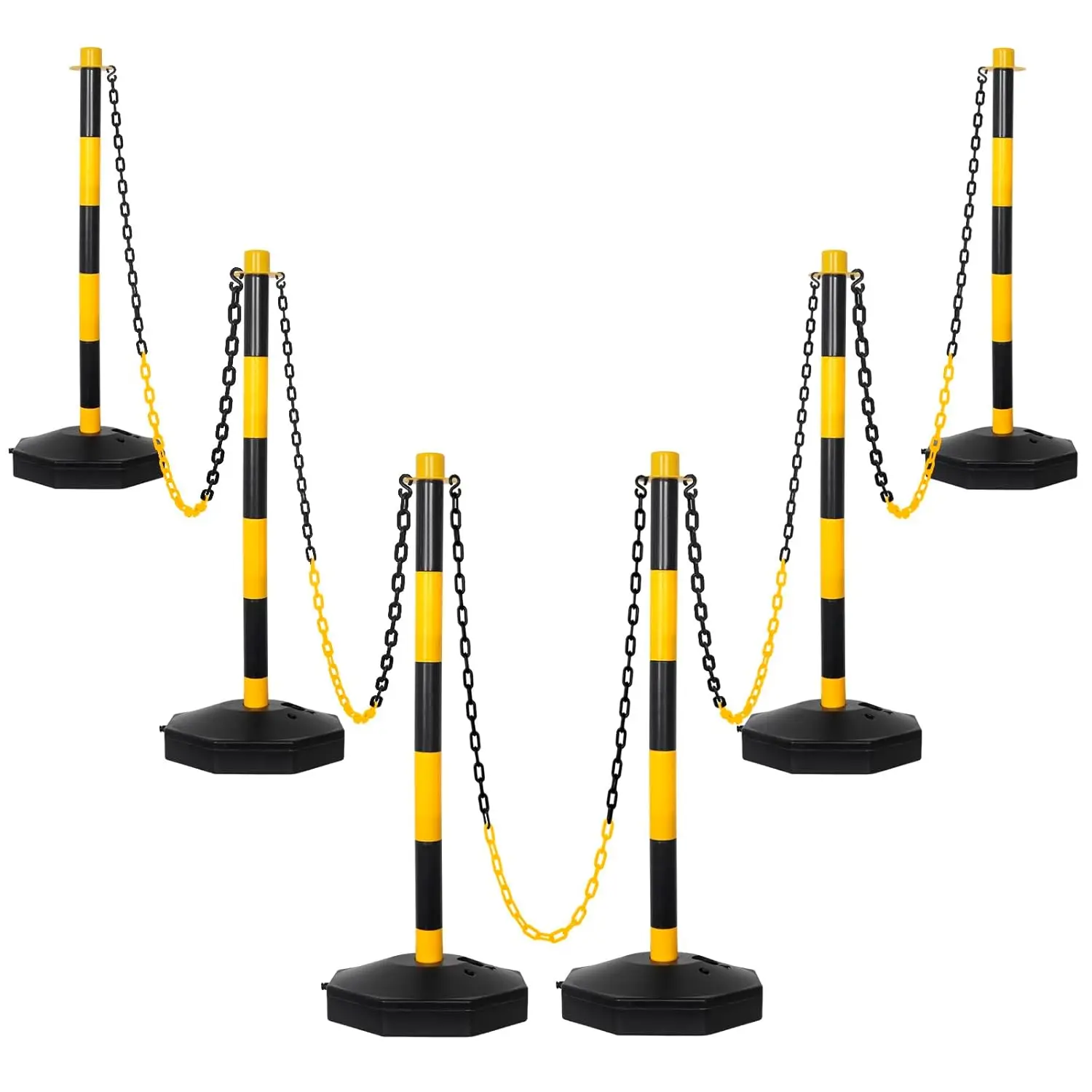 

Crowd Control Stanchion 6 Pack Adjustable Height 33.5" Safety Barrier with 5x2M Chain & 10 S Hooks Fillable Base Black Yellow Queue Post for Traffic Warning