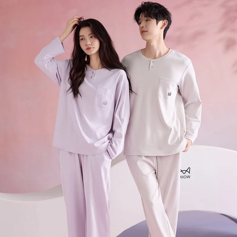 2026 Spring Autumn Couple Long Sleeve 100% Cotton Pajama Sets for Women Korean Loose Sleepwear Pyjamas Men Homewear Home Clothes