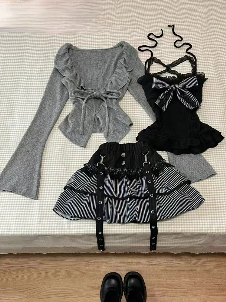 Autumn Winter  Sweet Lolita 3 Piece Set Women Lace Up Knitted Cardigan+ Sexy Slim Strapless Vest Tops+ High Waist Ruched Skirts