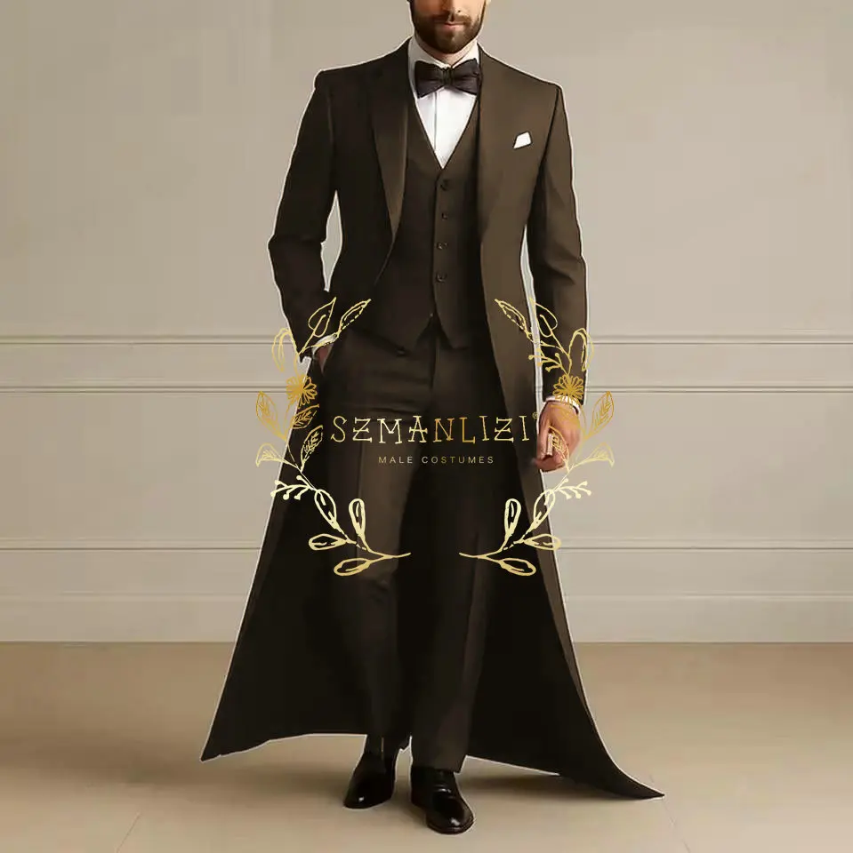 

Brown Men's Suit 3 Pieces Long Blazer Vest Pants Single Breasted Peaked Lapel Business Wedding Groom Tailored Costume Homme
