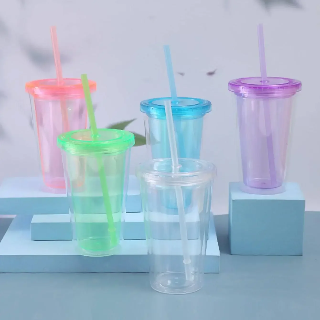 1PC-Straw Cup Tumbler with Lid Reusable Cup Plastic Transparent Water Cup with Straw Cold Cup Beverage Kitchen Accessory