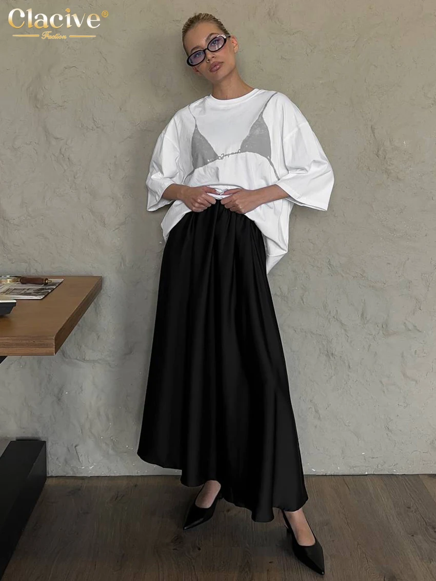 

Clacive Fashion Loose Black Satin Women's Skirt Casual High Waist Long Skirts Elegant Classic Solid Skirt Female Clothing 2024