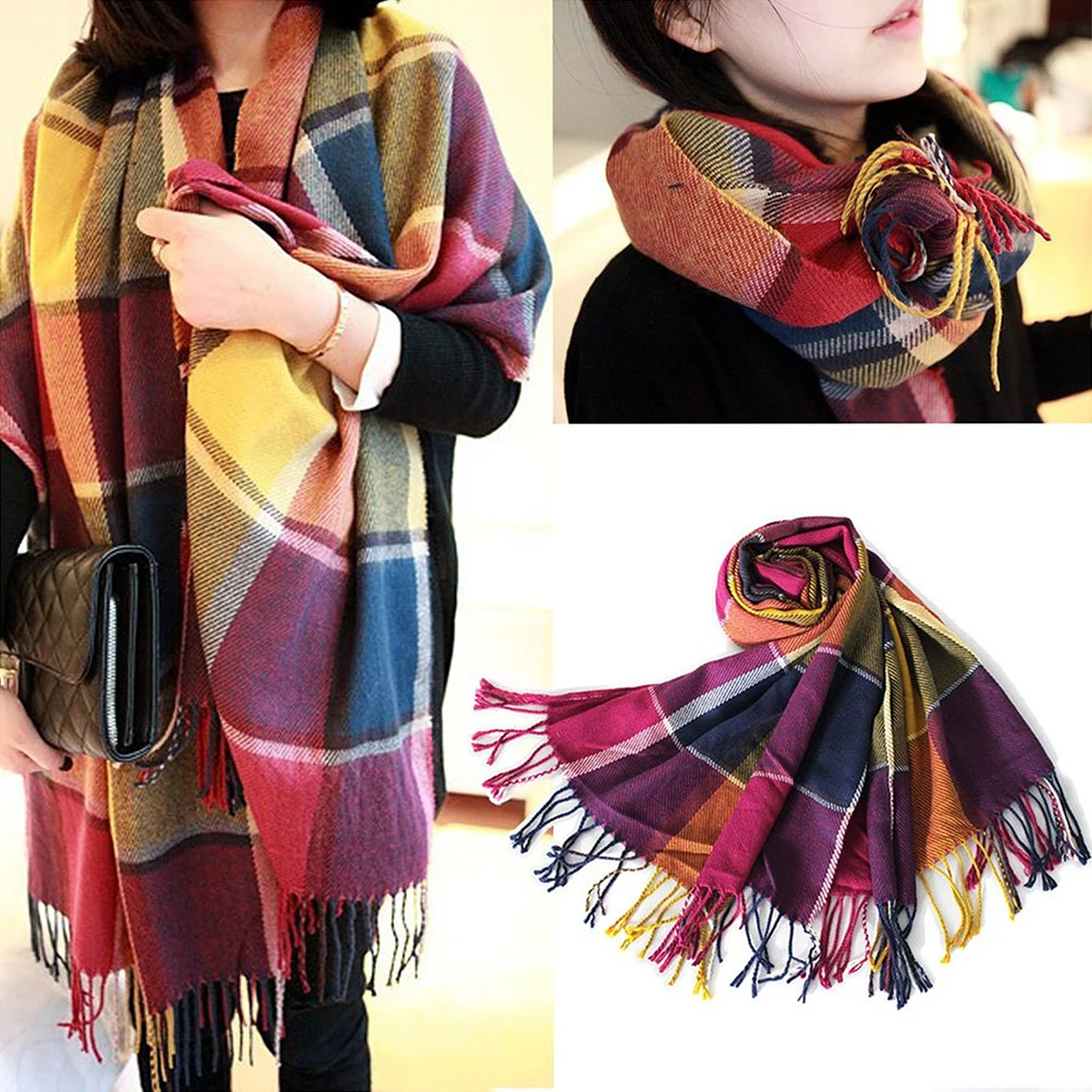 

Checkered Women Cashmere Scarf 200x68cm Warm Soft Winter Tassel Long Scarf Fashion Shawl Comfortable and Trendy