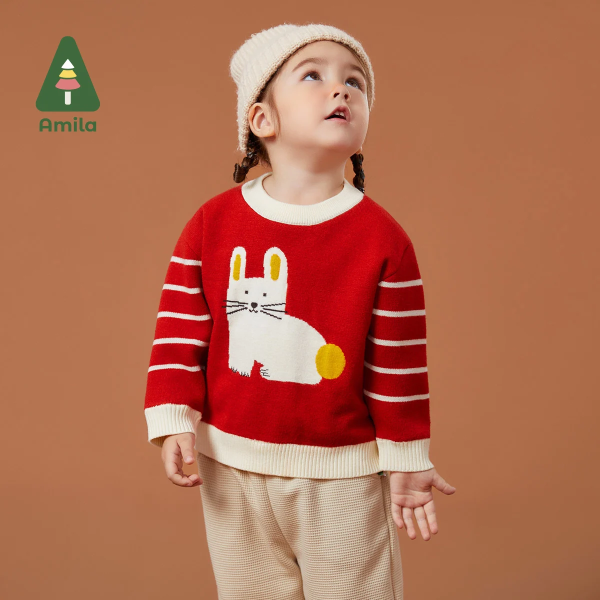 Amila Baby\'s Sweater 2024 Winter Boys And Girls New Year Cartoon Chinese Style Joy Peace Kids Casual Warmth Sweaters