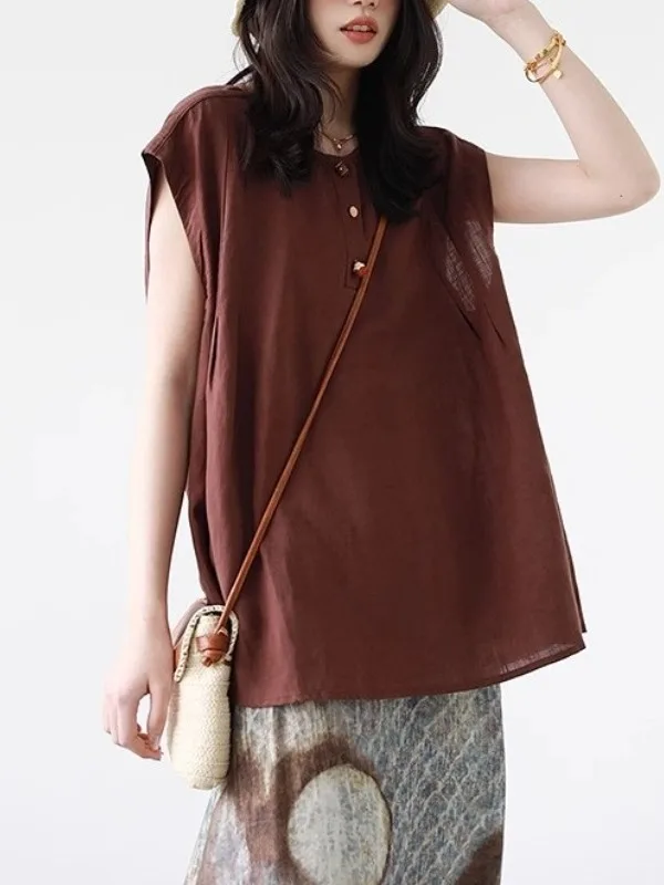 

Summer Thin Linen Svel irt Women's Simple High-End Loose Slimming Vest Non-Repeating Pattern Cotton 00% Mid-Length