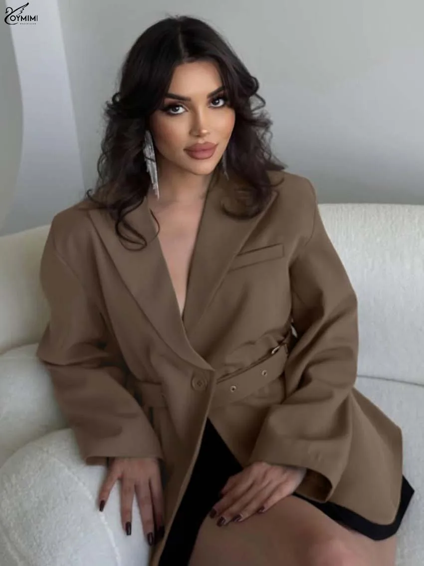 Oymimi Elegant Brown Lapel Woman Blouses Fashion Long Sleeve Single Button Pockets Blouses Autumn New Solid Sashes Shirts Female