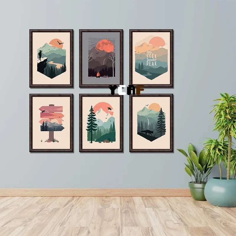 Natural Mountain Wildlife Illustration Poster Canvas Printing Sunset Sunrise Wall Art Prints Nature Scenery Home Room Decoration