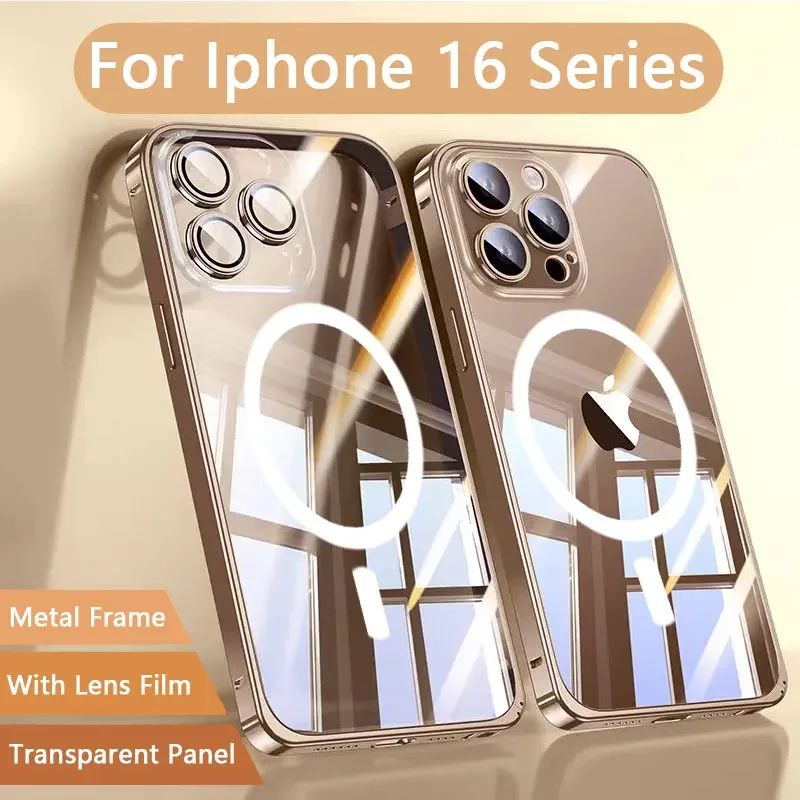 Magnetic Metal Phone Case For Iphone 13 12 14 15 16 Pro Max Aluminum Frame Transparent PC Back Cover With Lens Film Protection