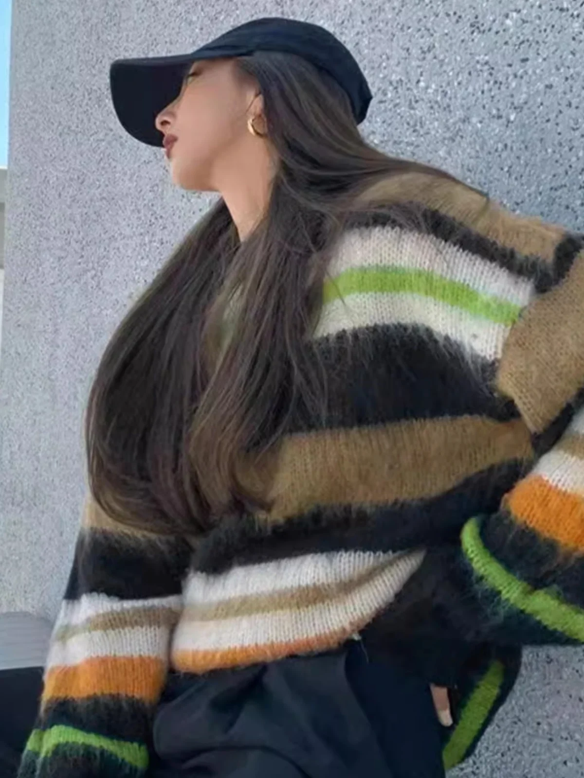 Chic Spring Autumn Retro Lazy  Stripes Jaet Top Hong Kong Sle oulder Loose Soft Cozy Knitted Sweater Women