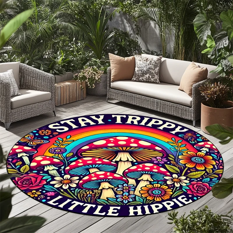 VIKAMA Stay Trippy Little Hippie Round Area Rug Psychedelic Mushroom Flower Non Slip Floor Mat for Living Room Patio Rug