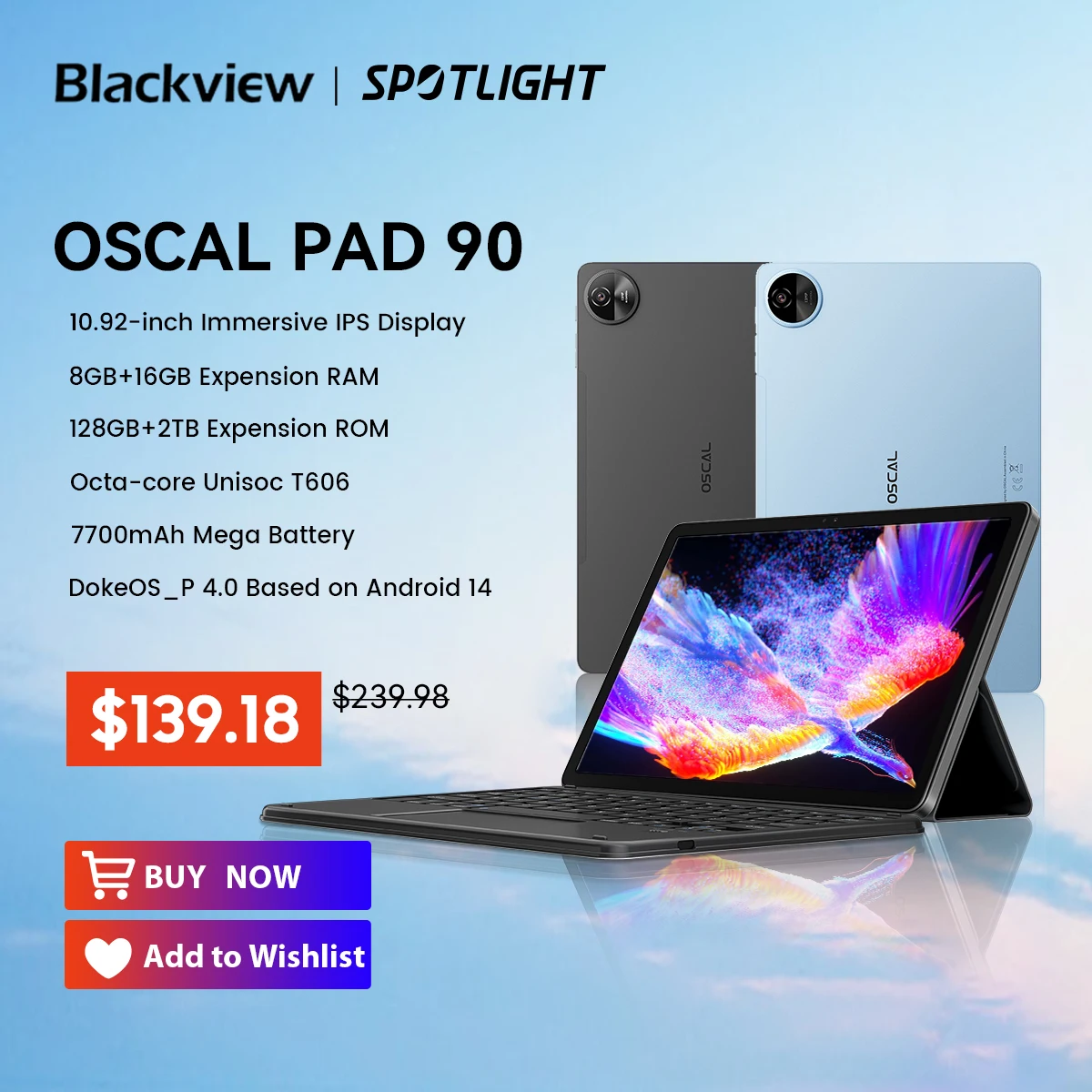 [รอบปฐมทัศน์โลก] Blackview Oscal Pad 90 10.92 ''แท็บเล็ตจอแสดงผล IPS, T606 Android 14 แท็บเล็ตพีซี, 8GB + 128, กล้อง 13MP, 7700mAh