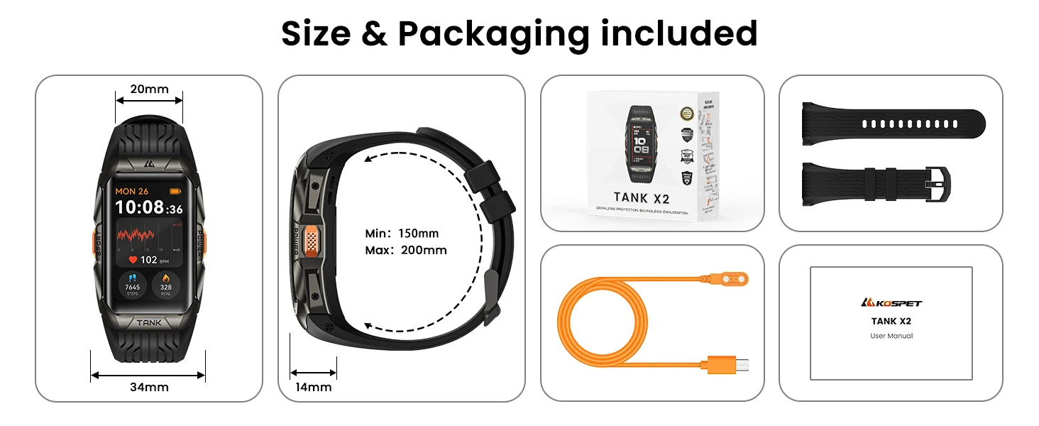 KOSPET TANK X2 Smartwatch für Herren, IP69K, wasserdicht, 3D-gebogener Bildschirm, 1,64 Zoll AMOLED, Bluetooth-Anruf, 170 Sportmodi, Smartwatch – Detail 12