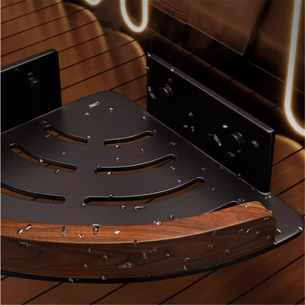 Walnut Aluminum Bathroom Storage Rack Black Bathroom Shelf Wall-Mount Bath Caddy Rack Bathroom Corner Shelf Kitchen Storage Rack