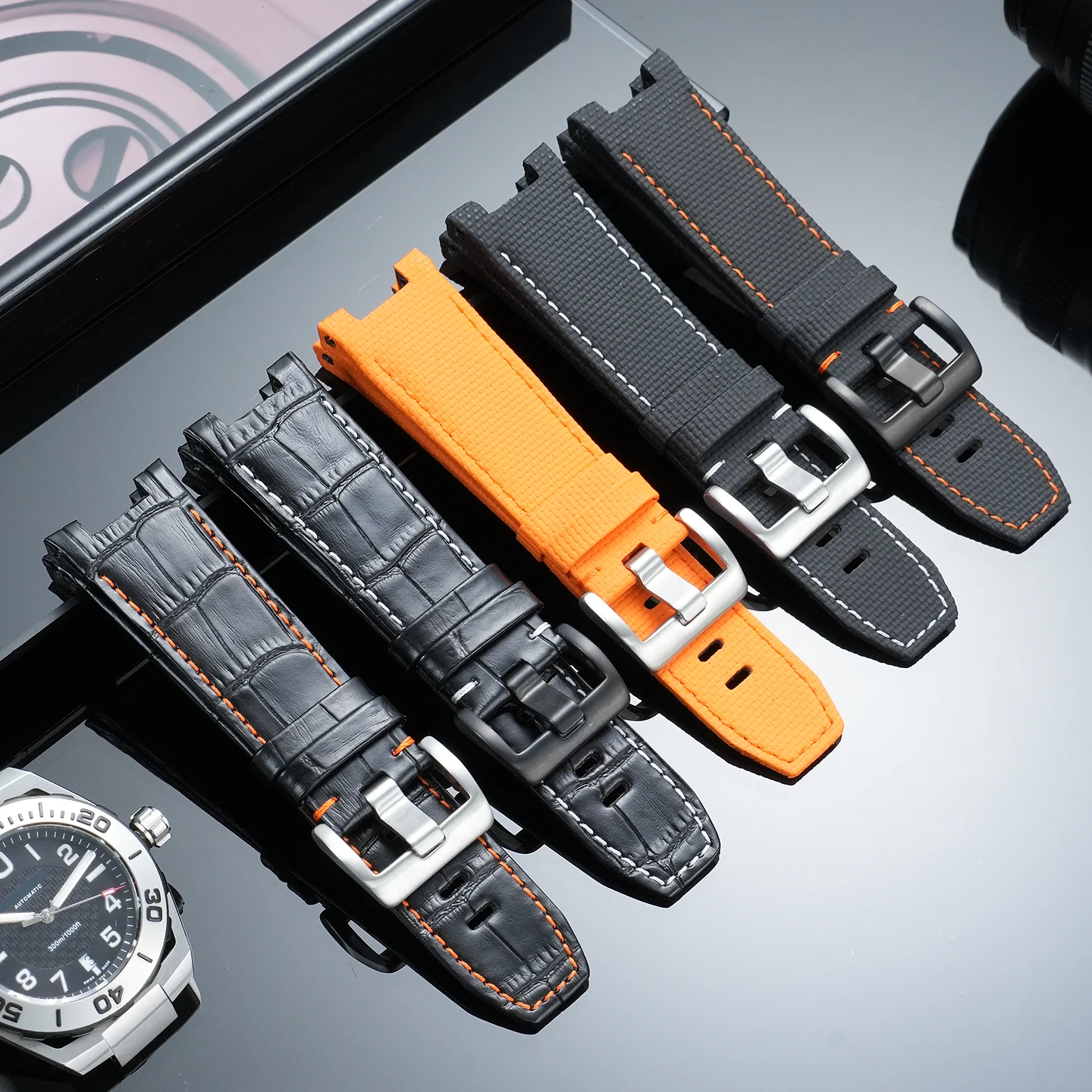 Notched FMK Genuine Leather Fluorocarbon Rubber Sport Strap for Hamilton Manta Ray H78615985, H78615355, H78615135