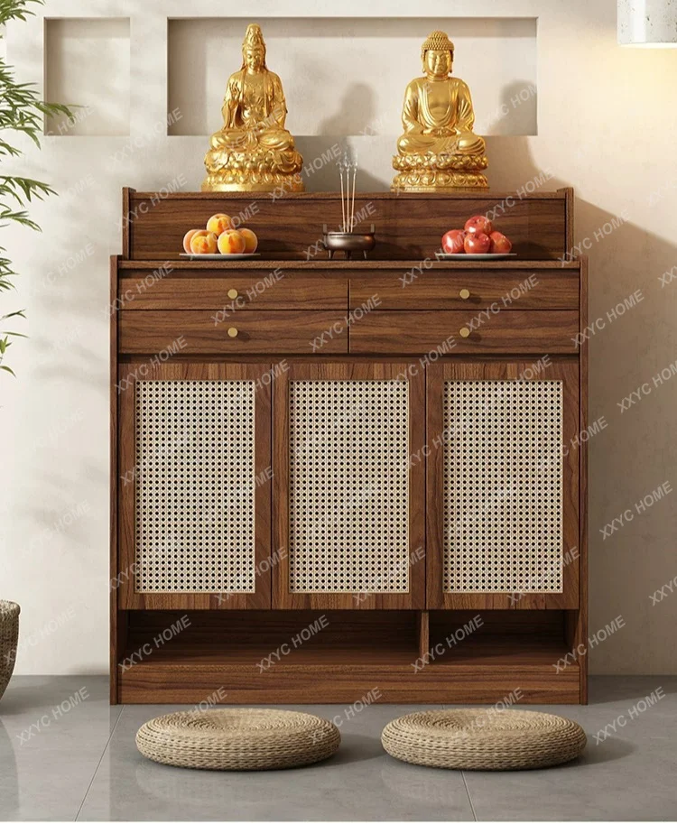 Rattan solid wood table incense case household living room Shentai God of Wealth table