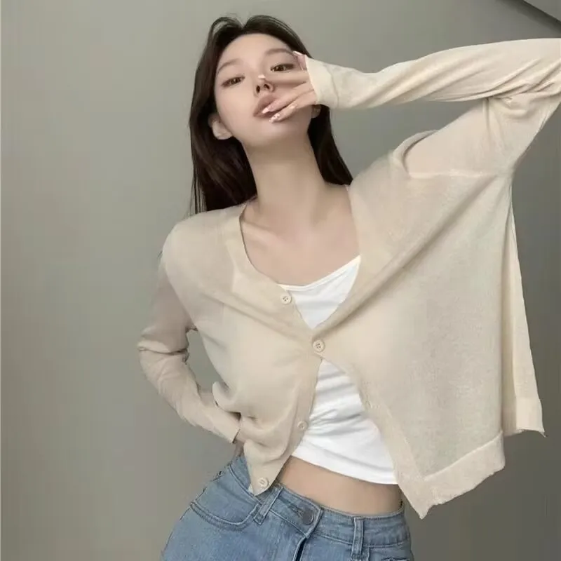 

Cardigan Women Sheer Solid 4 Colors Designed Simple All-match Sunscreen Daily Basics Korean Style Sweet Summer Clothes Women