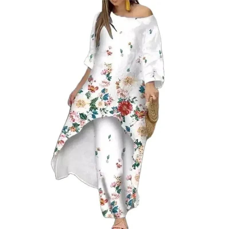 Elegant Botanical Flower Print Two Piece Sets Irregular Sun Protector Long Top Casual Loose Female Suits Straight Wide Leg Pants