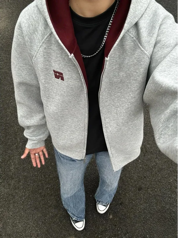 

American Sle Heavyweight Embroidered Double Zipper Open Cardigan Sweatirt Men's Cleanfit Color Versatile Autumn Hoo...