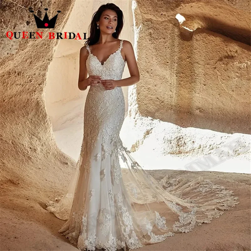 

Spaghetti Straps Mermaid Sexy Wedding Dresses Backless Appliques Floor-Length Bridal Gowns Robe De Mariée Custom S66X