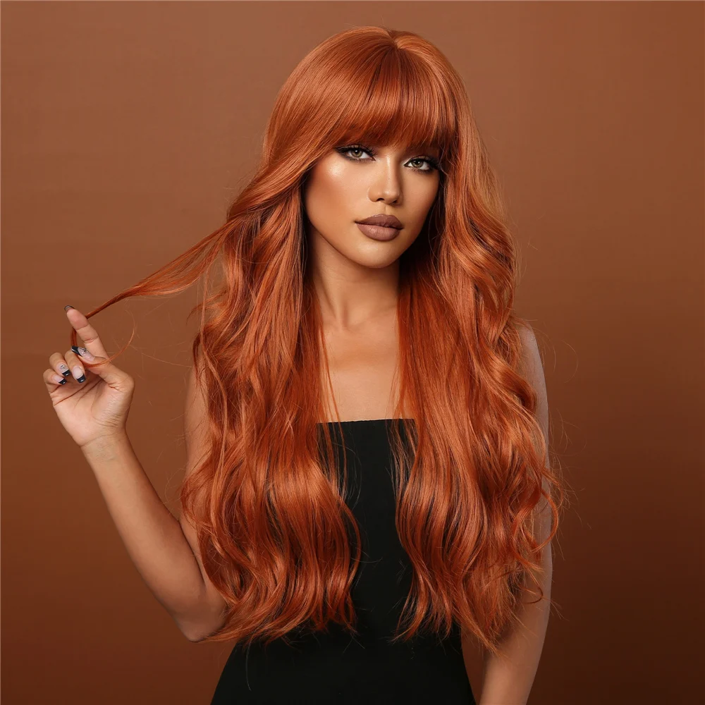 Copper Curly Wigs for Women Cosplay Synthetic Hair Wigs with Bangs Orange Long Wavy Fake Hair Heat Resistant for Daily Party Use