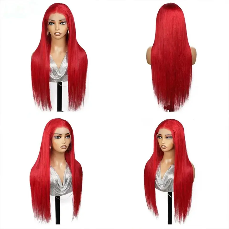 Long Straight Red Lace Front Wigs Heat Resistant Synthetic Fiber Hair 24inch Glueless T Part Lace Wig