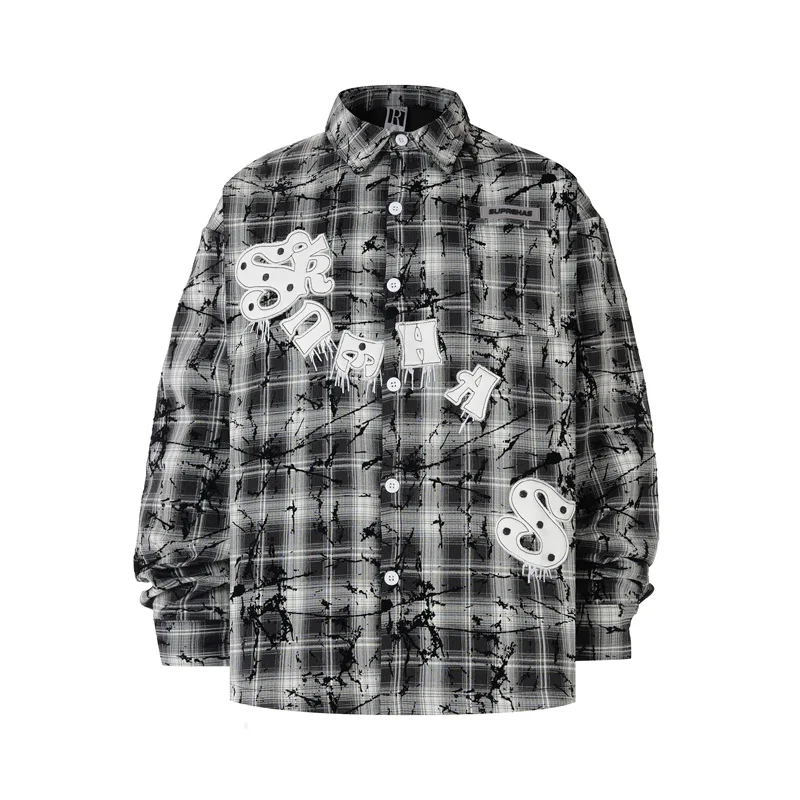 Flocking Patch Embroidery Plaid Long Sleeve Shirt Leather Label Paint Loose Blouse Men Women Streetwear Casual V-shape Clothes