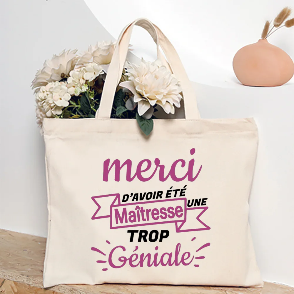 Thank You Teacher French Print Women Shoulder Bag CanvasShopping Bags Female Handbags Reusable Tote Bag Best Gifts for Maitresse