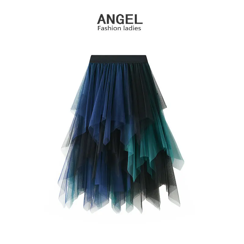 Green Patchwork Irregular Tulle Skirt Women 2022 New Spring Summer High Waist Midi Long Tutu Skirt Female Jupe Longue