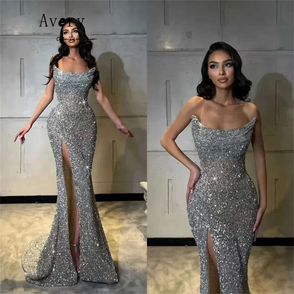 에이버리 맞춤형 민소매 오프숄더 반짝이는 사이드 슬릿 이브닝 드레스 웨딩 게스트 드레스 럭셔리 2025 파티 볼 가운 드레스
