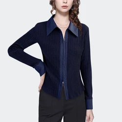 2023 Autumn Double-Zipper Denim Patchwork Knitted Sweater Top Women Cardigan Jacket Shirt Sweater Bottoming Shirt