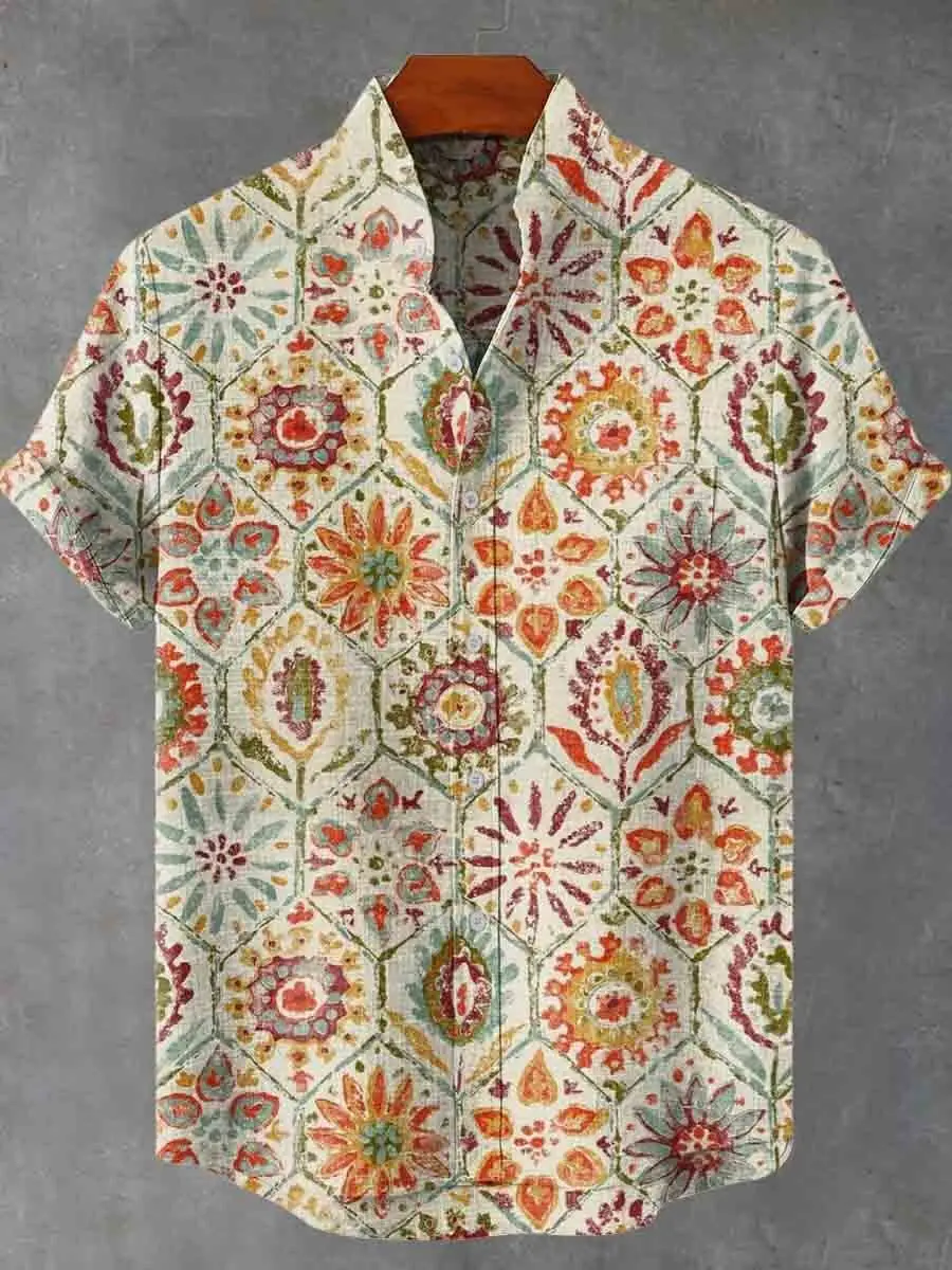 2026 Men's New Totem Flower Pattern Linen Short Sleeve Summer Comfortable Fabric Button Top Fashion New Product Flower Print